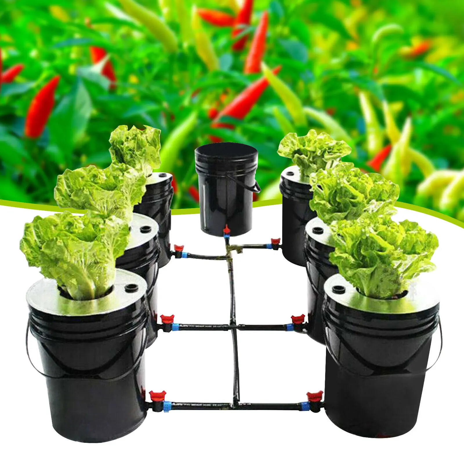 

Hydroponic Deep Water Culture 6 Plant Bucket Grow System Kit Complete+Pump US/EU