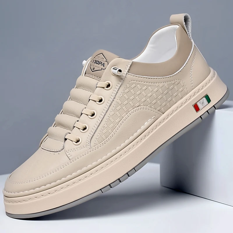 

Designer Brand Men's Genuine Leather Casual Shoes Thick Soled Wear-resistant Oxford Shoes Simple Beige Men's Sports Shoes