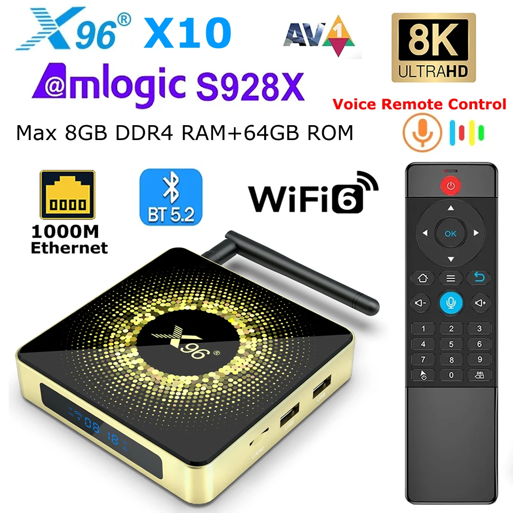 

X96 X10 Amlogic S928X TV Box DDR4 8GB RAM 64GB ROM USB3.0 Wifi6 BT5.2 1000M LAN Max 8K Resolution Output Android 11 Media Player