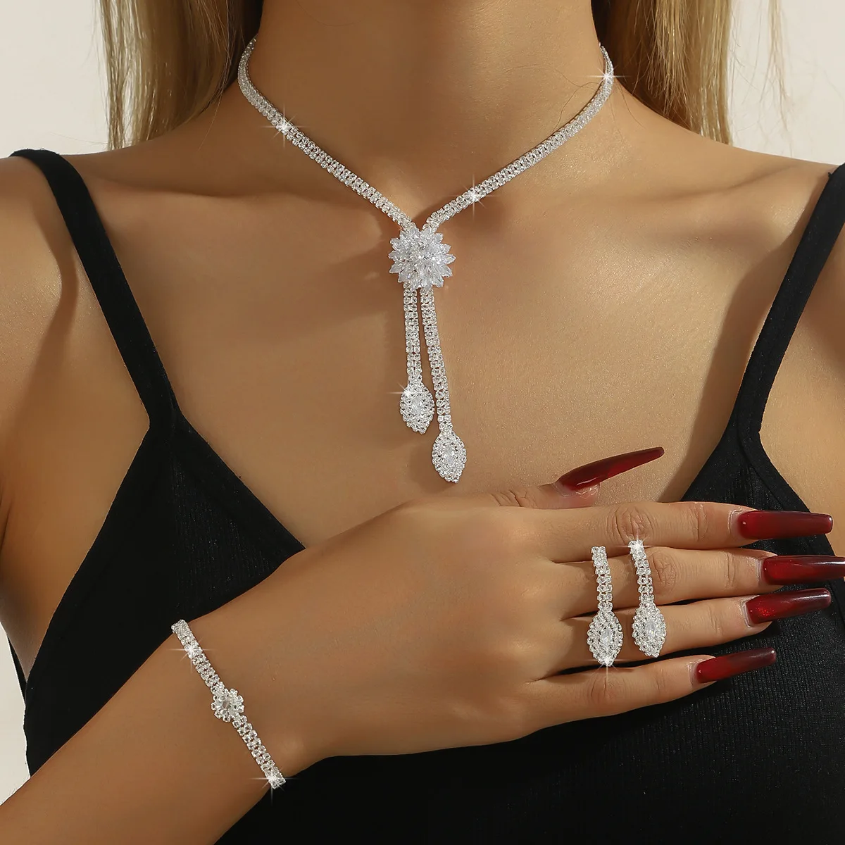 

Women's Luxury Bridal Jewelry Set,Water Drop Leaf Gemstone & Rhinestone Necklace Earring Bracelet,for Brides Gift & Nice Outlook