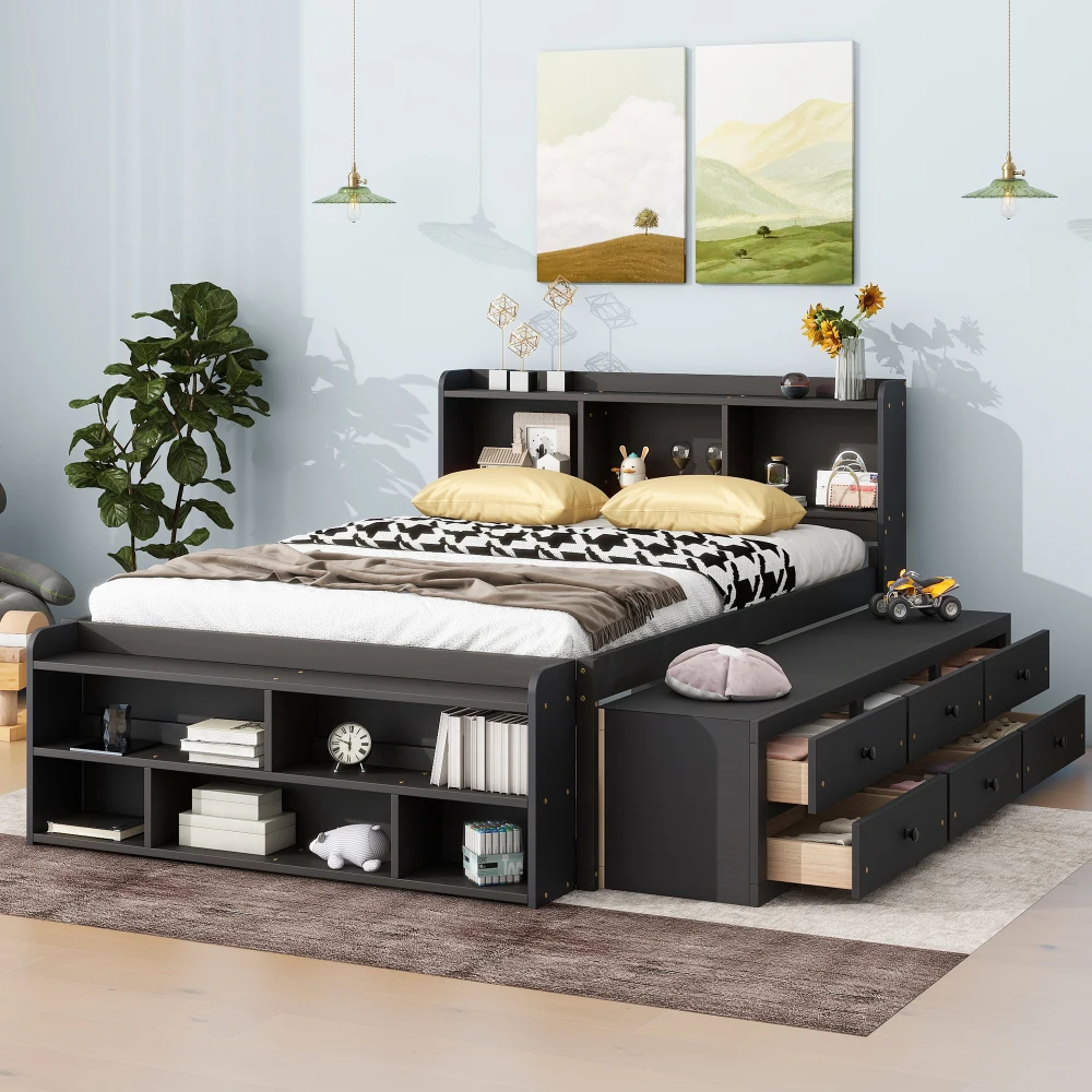 

Full Bed with Bookcase Headboard, Under bed Storage Drawers and Bed End Storage Case,Espresso
