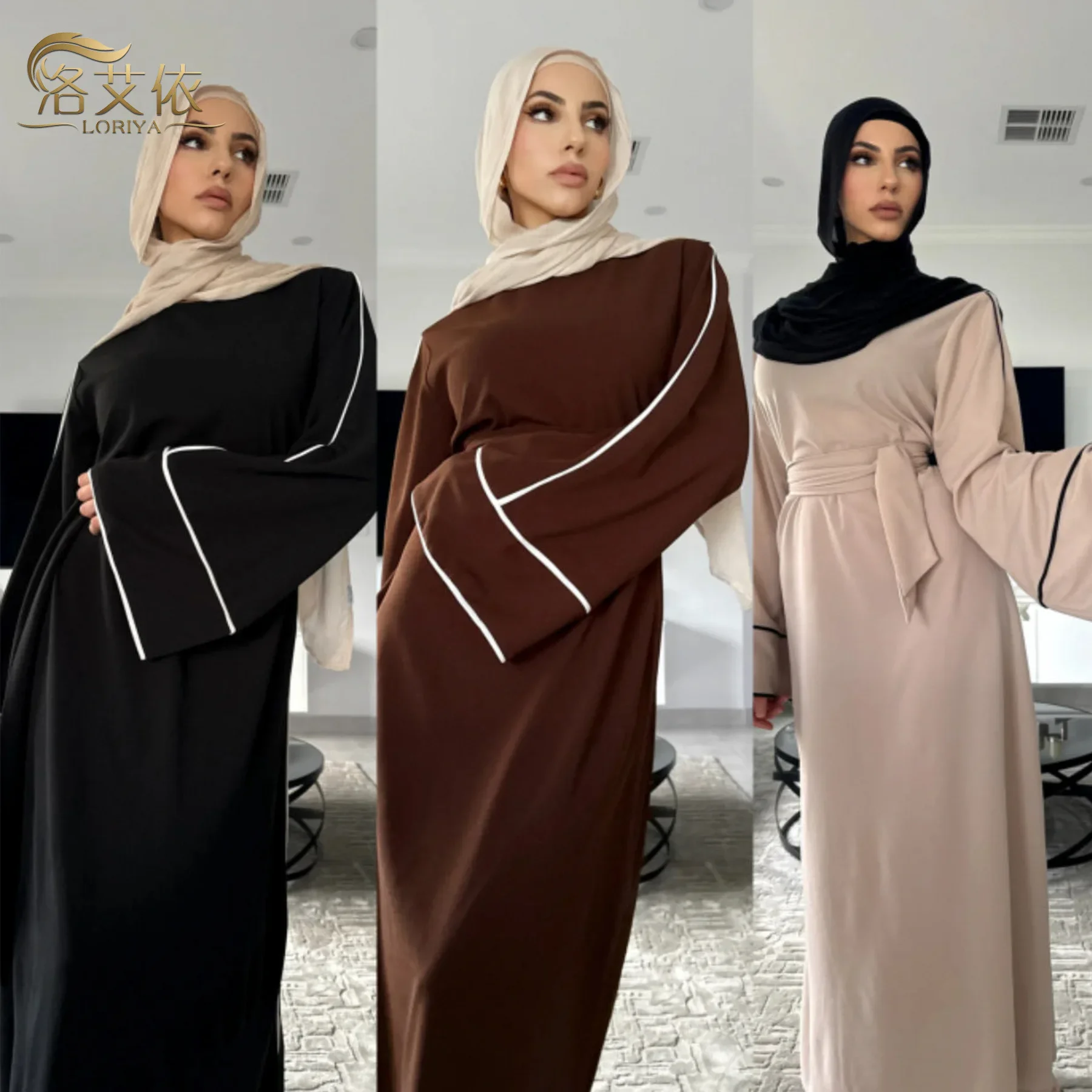 The New Style of Fashionable Solid-color, Outlined Round-neck, Long-sleeved Dress Robes for Ladies in Saudi Arabia, Middle East.