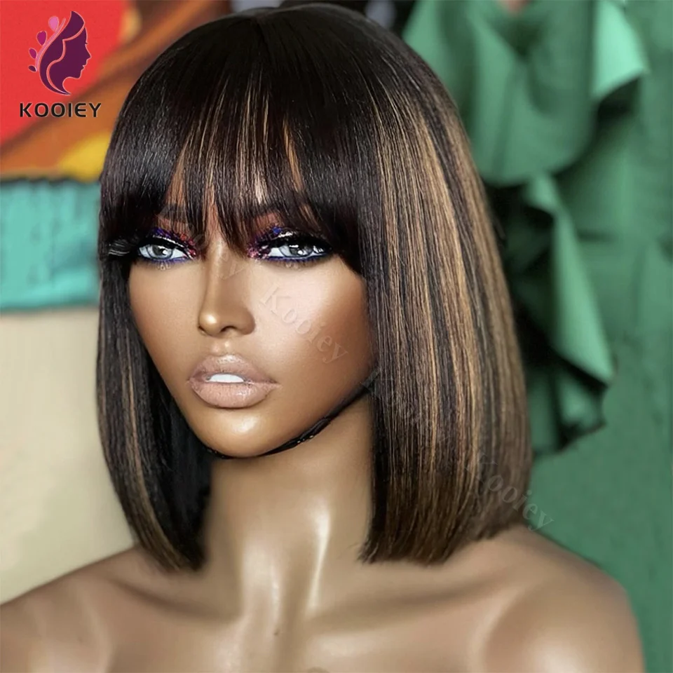 

5x5 Silk Top Human Hair Wigs With Bangs Straight Hair Bob Wig 8-16 Highlight Honey Brown Short 13x6 Lace Frontal Human Hair Wigs