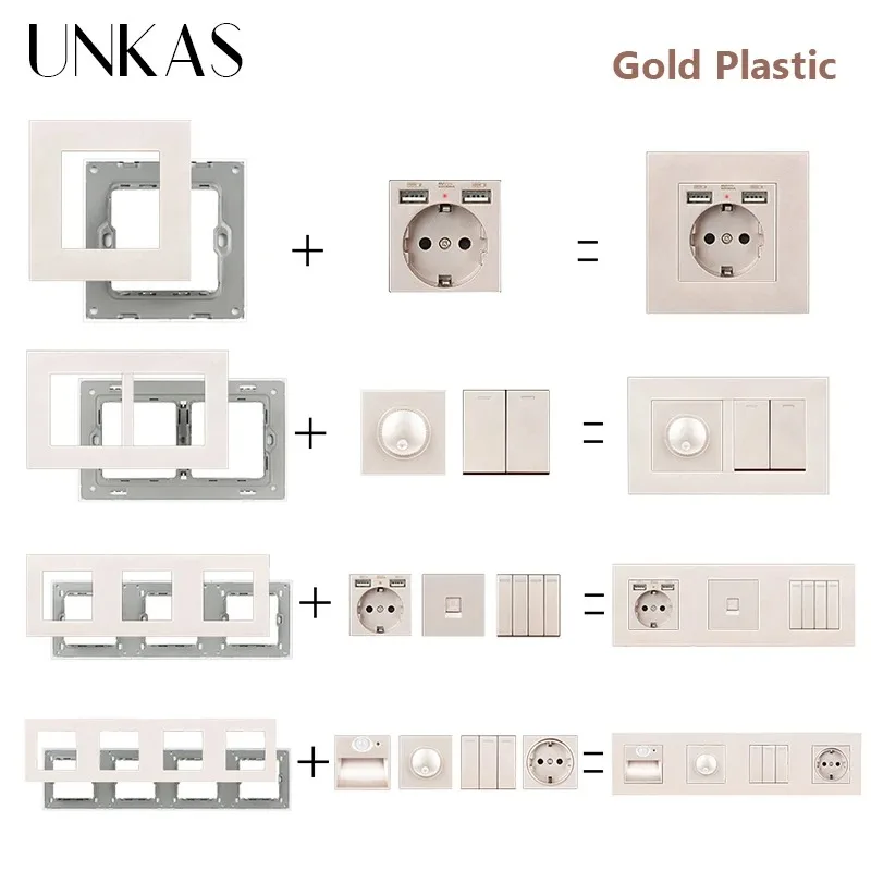 

UNKAS Золотая пластиковая панель, бесплатная комбинация, двойной USB, французская розетка TypeC, европейская розетка, диммер для подсветки, спутник, соответствующие модули «сделай сам»