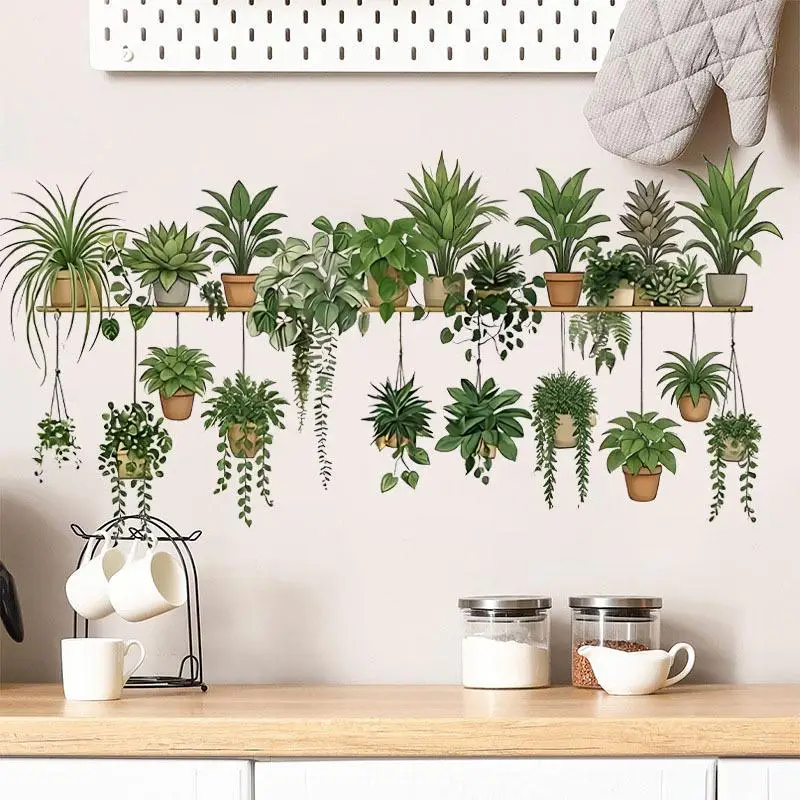 Potted Green Plants Wall Decal Realistic Design Easy Apply Self Adhesive No Residue Sticker for DIY Home Wall Art Decoration