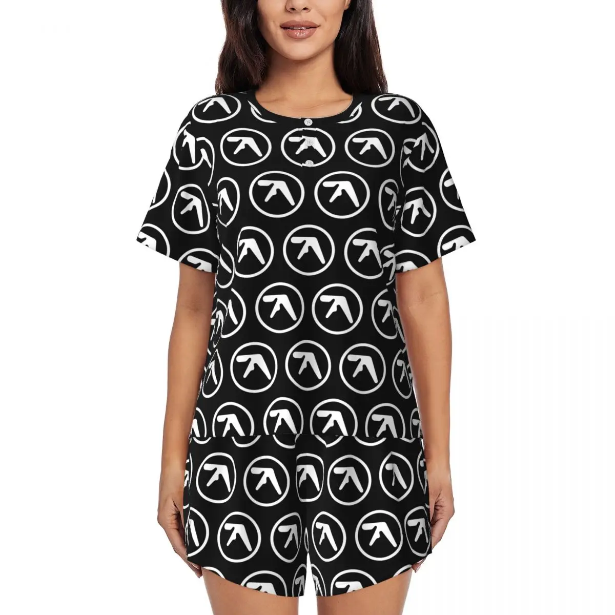 

Aphex Twin Creative Y2K Logo Round Neck Short Sleeves Nightdress for Sleeping Sleepshirts Women Soft Pajama Set Short Pants