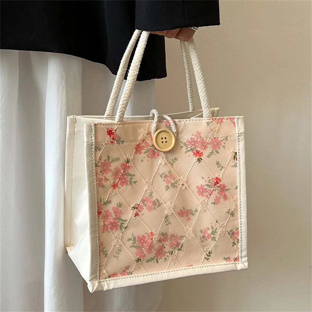 Korean Lace Embroidery Canvas Bag Mini Linen Tote Bag Women Cute Flower Printing Grocery Bag Vintage Button Camping Storage Bag