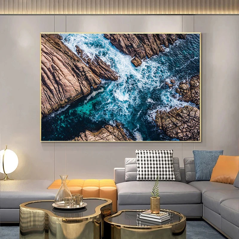 Beach Aerial View Palm Tree Rocks Canvas Painting Print Blue Ocean Water Poster for Living Room Home Decor Cuadros
