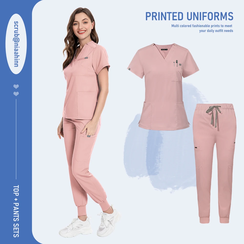 Niaahinn Uniform Schönheitssalon Haustier Krankenhaus Medizinisches Peeling Krankenpflege Krankenschwester Peeling V-Ausschnitt Tops Scrub Jogger Sets Hochwertige Uniformen – Detail 7