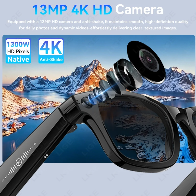 LIGE New 1300W 4K Camera AI Glasses Men Color-Changing Smart Translation Photo Video Recording Waterproof Call Smart Sunglasses