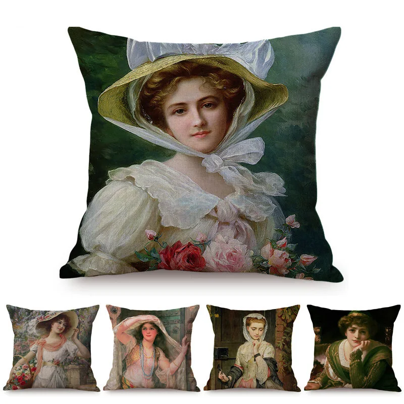 Elegant Lady Beautiful Nordic Classical Woman Oil Painting Home Decorative Throw Pillow Case Art Room Gallery Sofa Cushion Cover
