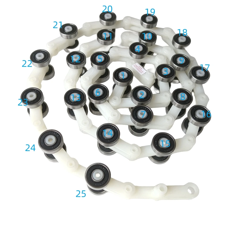 Cadena de doble horquilla giratoria inversa para escalera mecánica, 25 pares de rodamientos 609