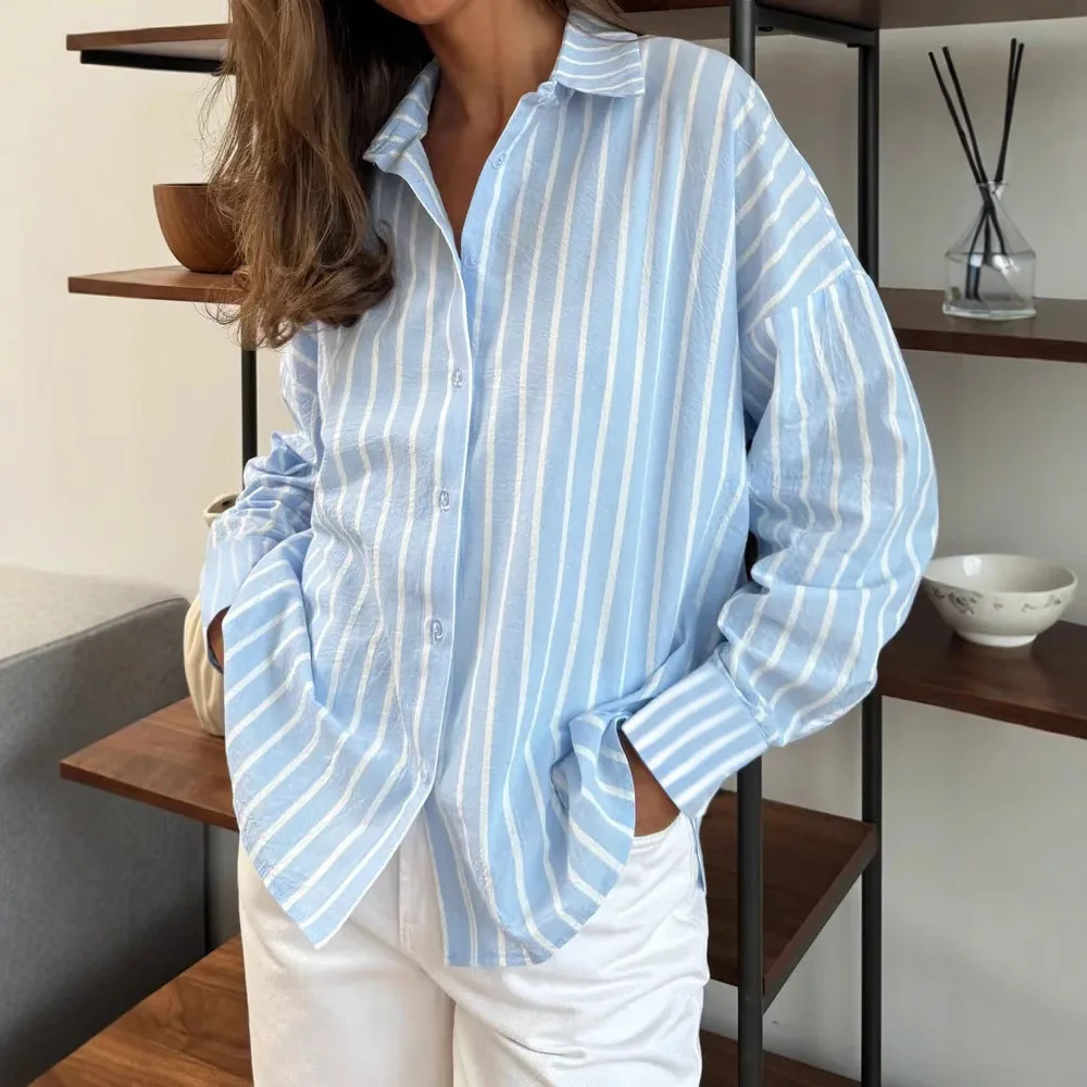 

New Summer Women's Fashion Striped Shirt,Long Sleeve Shirt Woman,2025 Woman's Clothing,Summer Tops,Casual Tops For Ladies