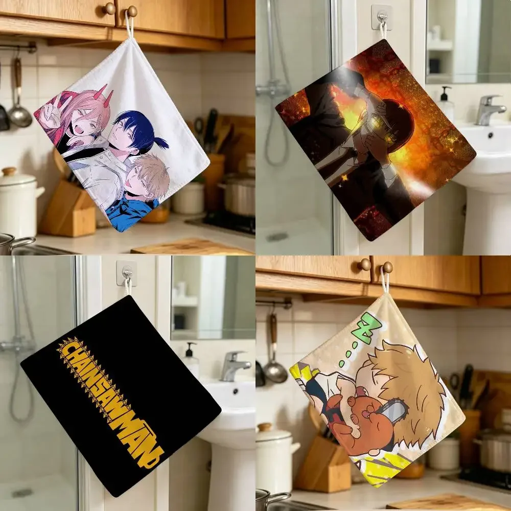 Power Aki Denji Chainsaw ThreeMan Anime Household Hanging Towel Polyester Cotton Hand Wiping Towel Sturdy For Bathroom Bedroom