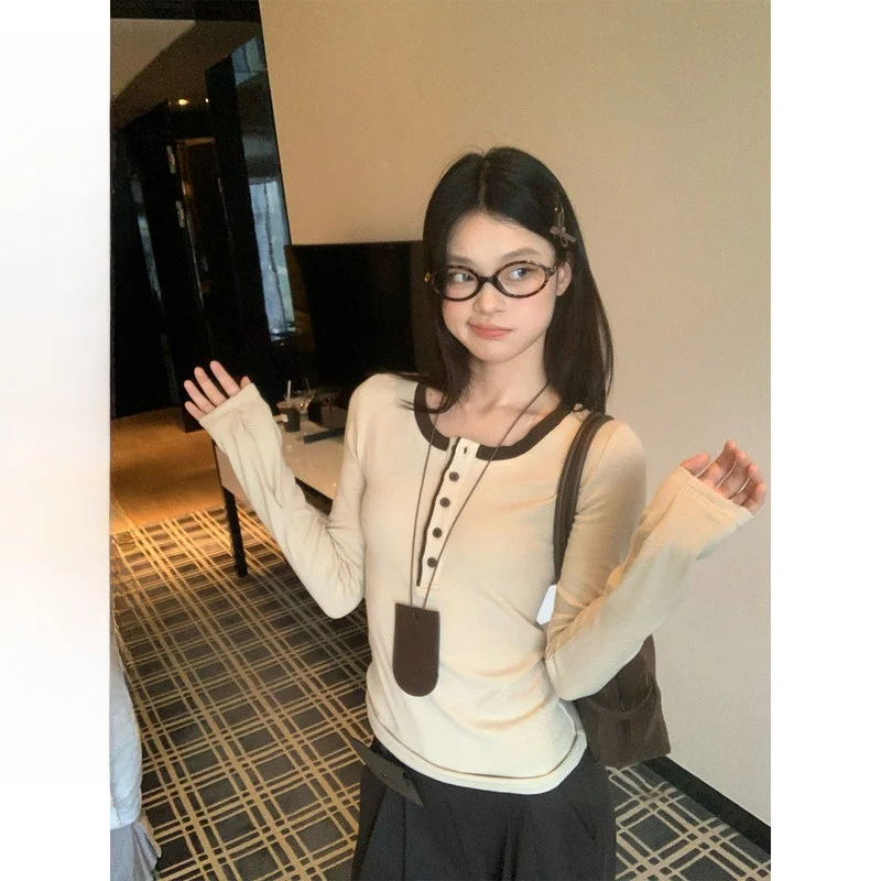 

Slim Fit Long Sve U-Ne Base irt Women's Inner Wear Casual Sle Creative Pattern Cotton Blend T-irt by Song Zhengen