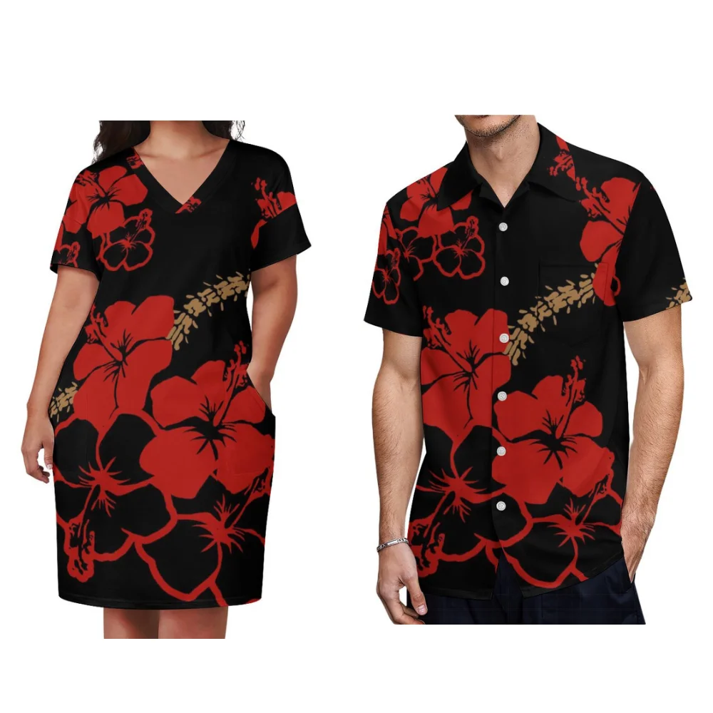 

Polynesian Floral Print Custom Hawaiian Couple Dress Women's Short Sleeve Pocket Design Elegant Midi Dress Men's Shirt