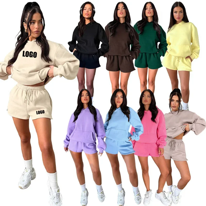 

Женская осенне-зимняя толстовка с длинными рукавами и логотипом на заказ, женские модные повседневные шорты из двух предметов, комплект