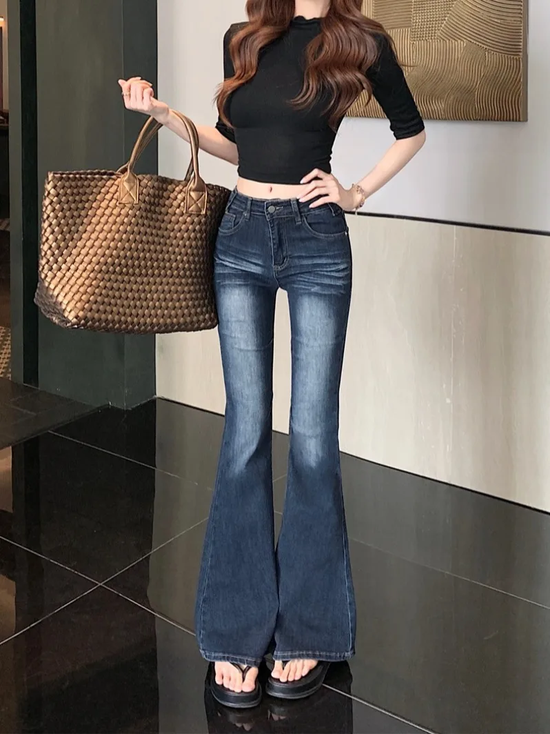 

Ретро-джинсы-клеш американского стиля, темно-синие, женские, с высокой талией, прямые, длинные, повседневные, весенние, джинсовые