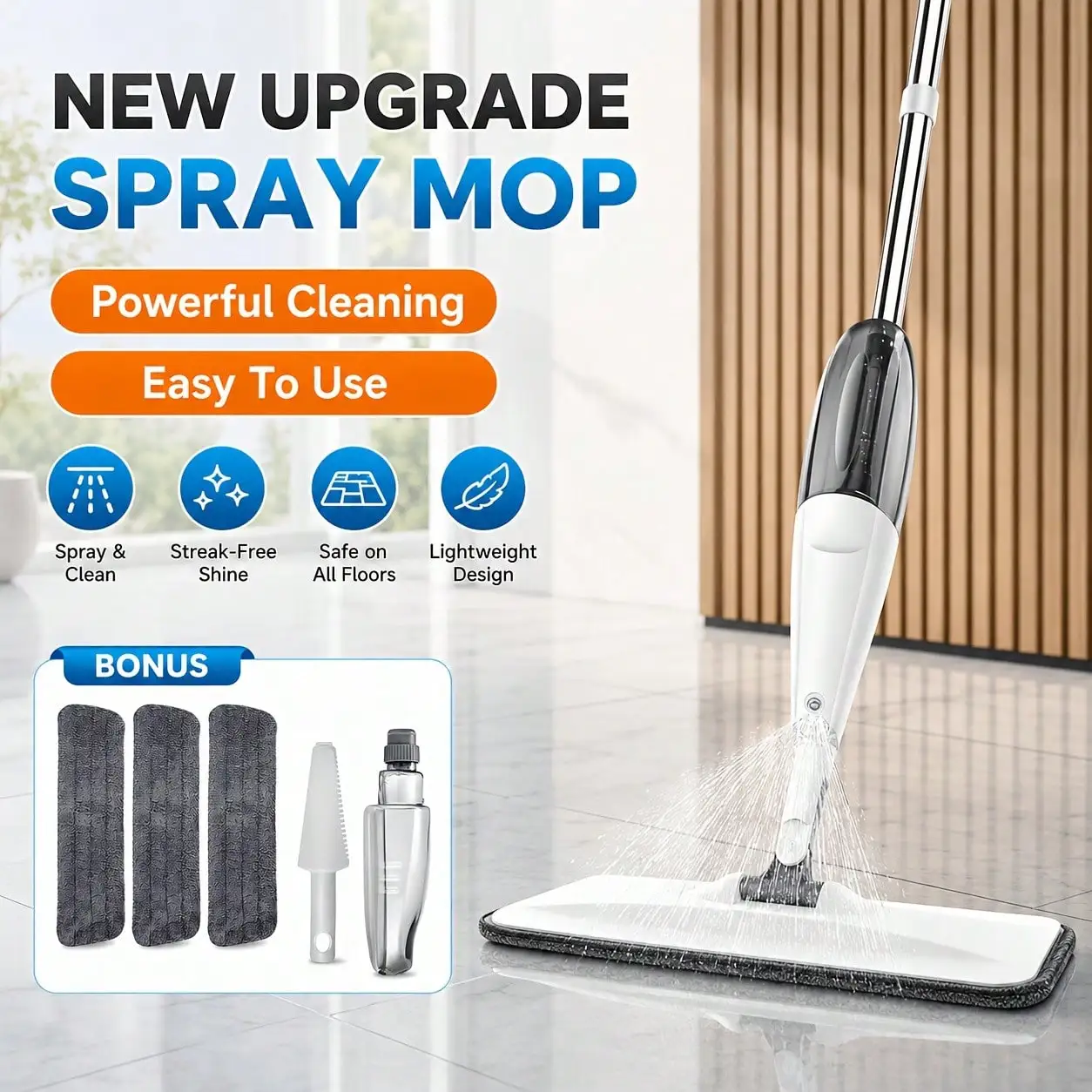 4pcs Household Mop With Spray Function, Including 3 Replaceable Cleaning Cloths, Capable Of 360-Degree Flexible Cleaning - Suitable For Living Room, Bedroom, Kitchen And Bathroom SH260310111685000435481