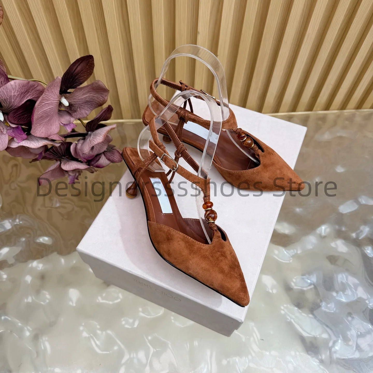 Pointed Toe T-Strap Beaded High Heel Sandals Suede Upper Sheepskin Lining Italian Leather Outsole Sizes 35-42
