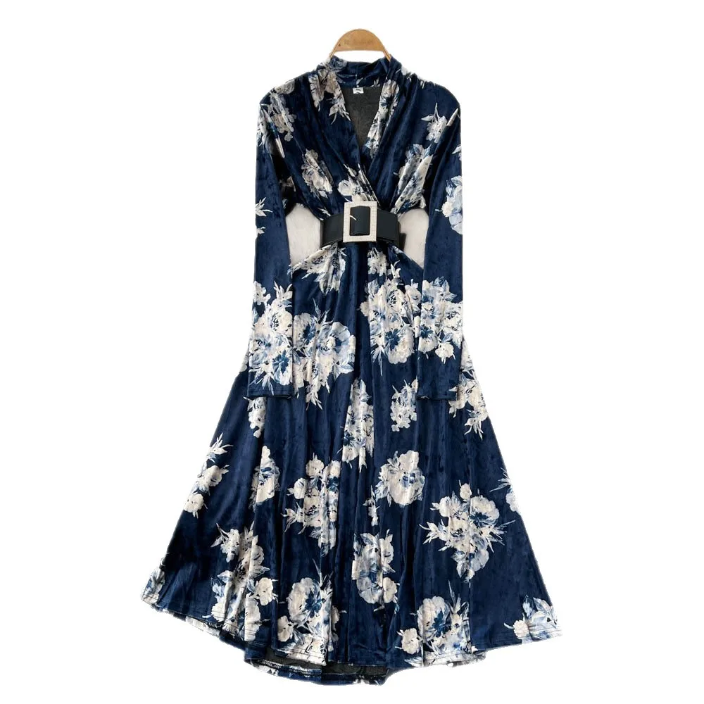 Sukienki damskie w kwiatowe wzory, sukienka w kształcie litery A z paskiem, długość do kostek, dekolt w serek, długi rękaw, szeroki dół, luźna, codzienna, elegancka, wiosna-jesień 2025