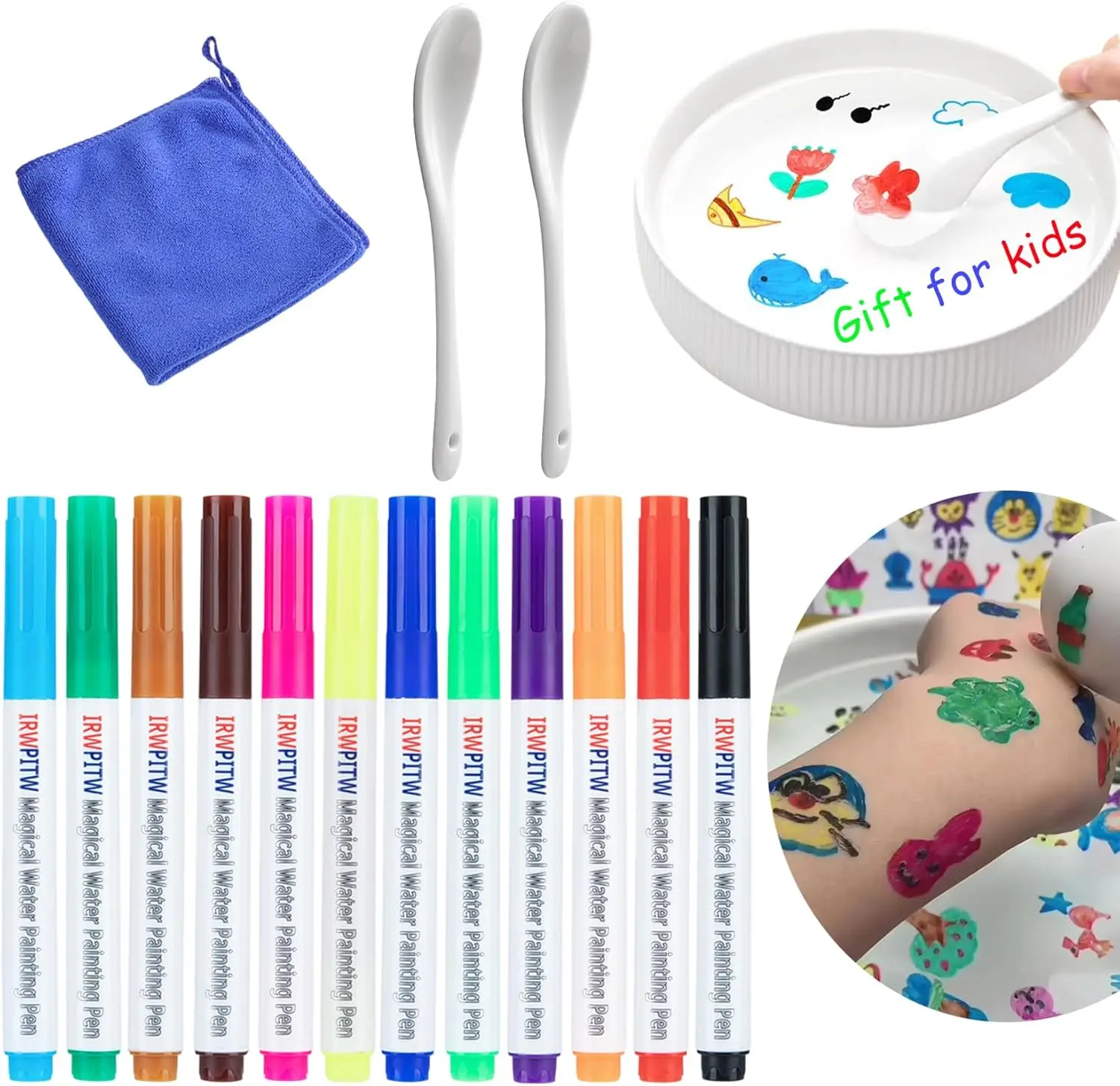 

Волшебные ручки для рисования на воде для детей, набор из 12 цветов с плавающими чернилами, ложками и полотенцем, забавные игрушки-подарки для творчества