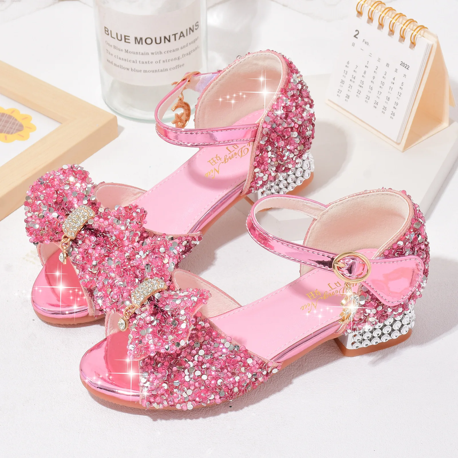 Summer Girls' Sandals Children Wedding High Heels Princess Party Dance Shoe Bright Drill Bowknot Kids Student Performance Shoes