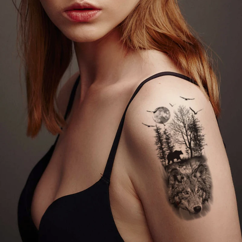 

Fashion Women Men Temporary Tattoo Sticker Black Bear Forest Wolf Swallow Moon Arm Neck Body Art Small Size Fake Tattoo Sticker