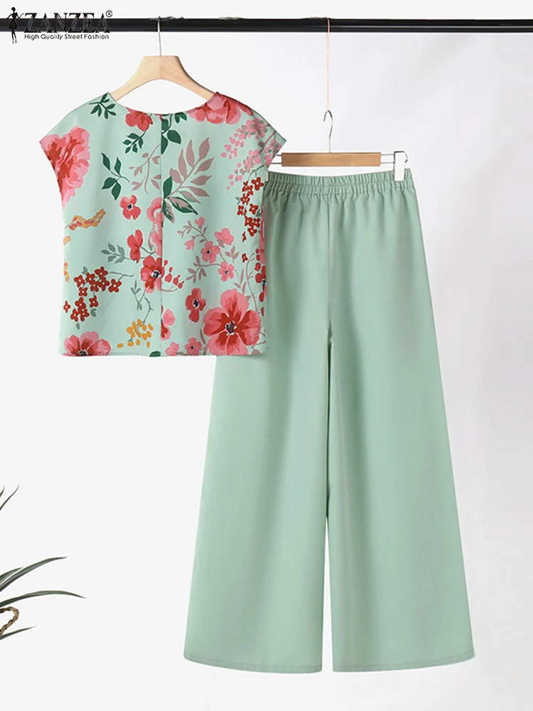 ZANZEA Summer Women 2pcs Outfits Elegant Holiday Wide Leg Pants Floral Print Blouse 2-Piece Sets Casual Trousers Suits Pant Sets