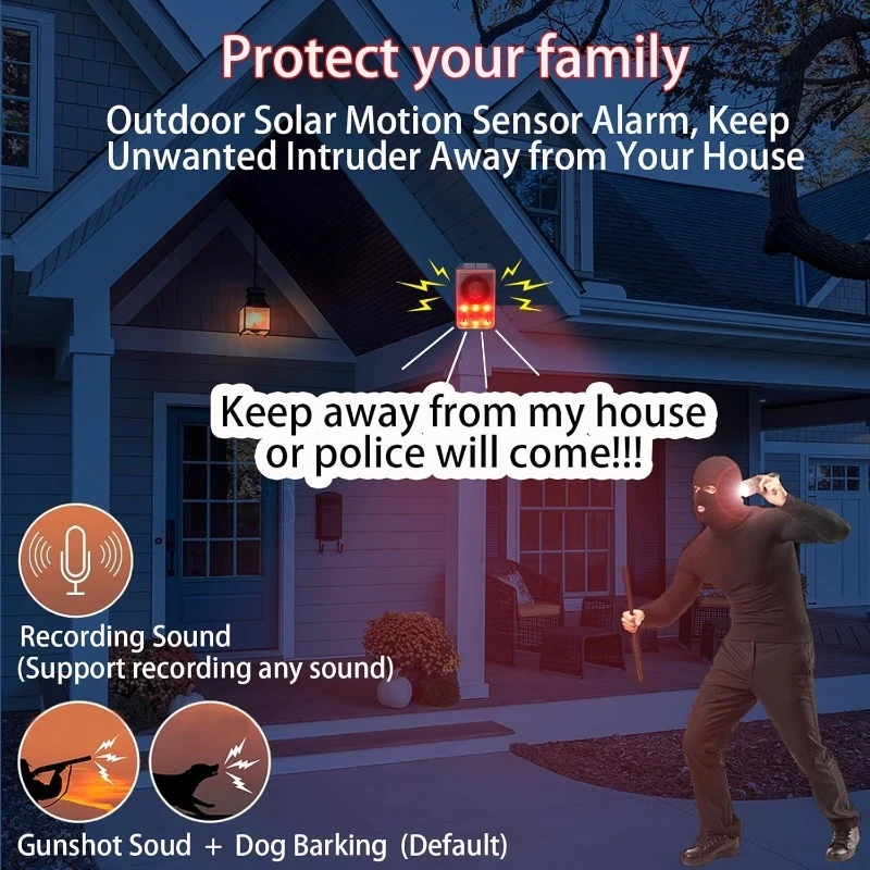 الطاقة الشمسية إنذار الحركة مصباح 130dB الكلب النباح بندقية إضاءة مقاومة للماء ضوء إحترافي عن بعد لحديقة مزرعة حظيرة الدجاج دعم تسجيل