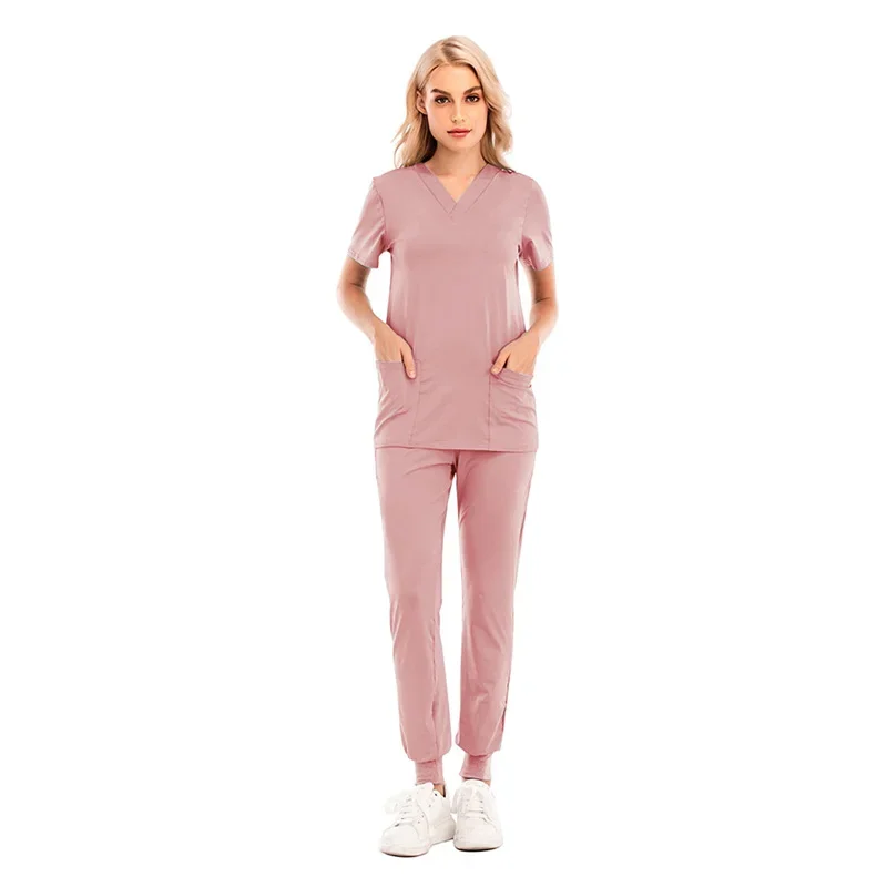 Uniforme de enfermería para mujer, ropa de trabajo con cuello en V, manga corta, bolsillo, sólido, ligero, transpirable, Tops, pantalones, traje de trabajo suave, 10 colores, nuevo