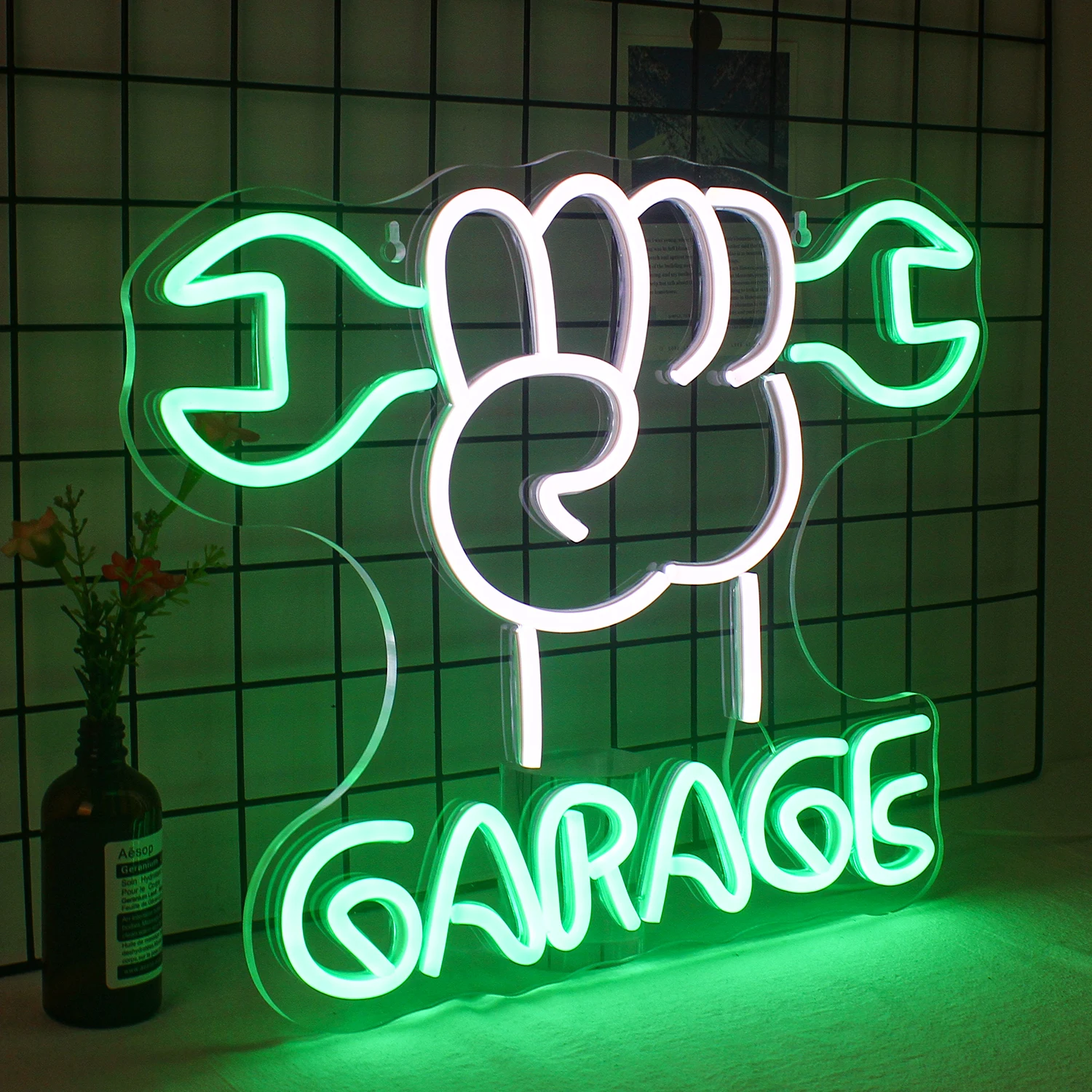 Garage Neon Sign Green White LED Neon Light Up Signs for Wall Decor USB Powered for Man Cave Garage Door Auto Repair Shop Neon