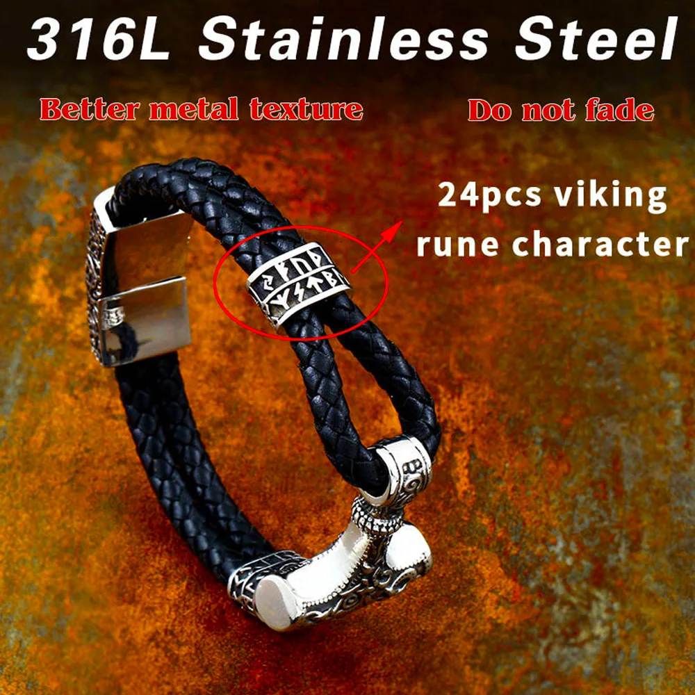 Men Vintage Double Leather Cord Viking Thor's Hammer Bracelet Stainless Steel Biker Viking Rune Bracelet Fashion Men Jewelry