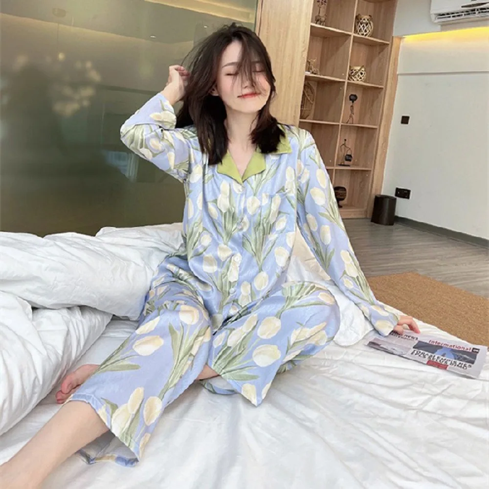 

Chic Loose Pajamas Set Women Cardigan with Pocket Long Sleeved Pajamas Sweet Homewear Two-Piece Nightwear Girls