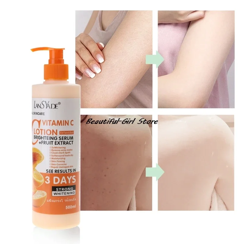 500ml Bodylotion Vitamine-C Hydraterende Voedende Delicate Gladde Reparatie Huid Anti-kloven Verhelderende Huidverzorging Crème