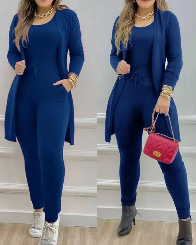 Women\'s Suit 2023 Autumn Fashion Sleeveless Skinny Jumpsuit & Casual Long Sleeve Pocket Design Longline Coat Two Piece Outfit