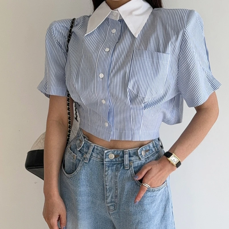 

Женская рубашка Slim Fit с вертикальными полосками, укороченная, с поясом, воротником, винтажная, на одной пуговице, с завязкой сзади, укороченная, с подплечниками