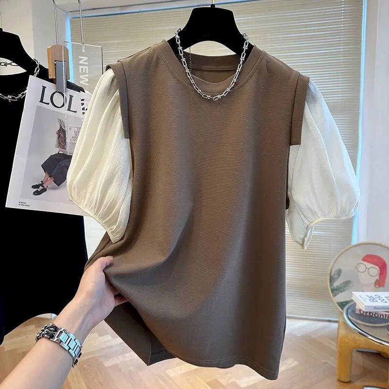 Oversized T Shirts Women Fashion Puff Sleeve Patchwork T-shirt Casual Loose Short Sleeve Tops Summer Trend Thin Tshirt Y2k Top