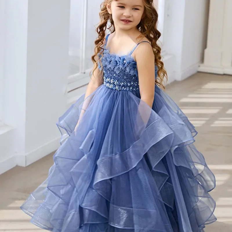 Blue Lace Flower Girl Dresses Fluffy Gorgeous Tulle Spaghetti Straps Child Kids Wedding Bridesmaid Birthday Party Dress