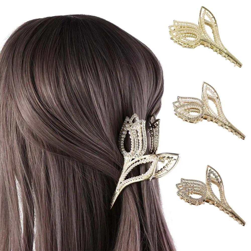 New Elegant Tulip Hollow Hair Claw Zircon Hair Crab Clip For Girls Women Pearl Ponytail Holder Temperament Flower Hairgrip