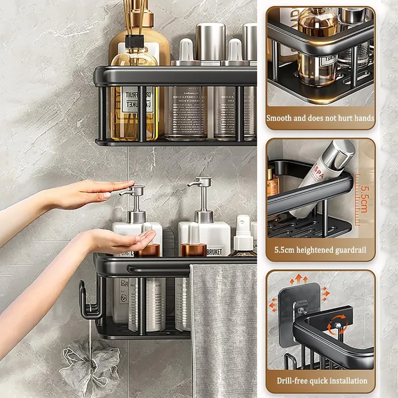 Premium 2-Pack Aluminum Shower Caddy Adhesive Shower Shelves Rod Hooks Rustproof Wall Mount Bathroom Organizer Silver Shelves