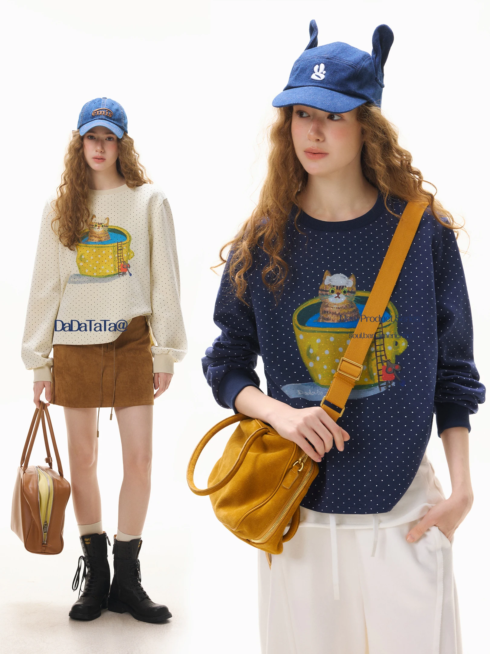 

Spring New plus Size Women's Tea Cup Polka Dot Sweatshirt Standard Fit Ladies Cotton Polyester Blend Long Sleeve round Neck