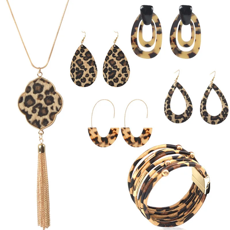 10 Pcs Leopard Jewelry Set For Women Leopard Earrings Leopard Leather Bracelet Acrylic Hoop Drop Dangle Earrings Long Tassel Leo