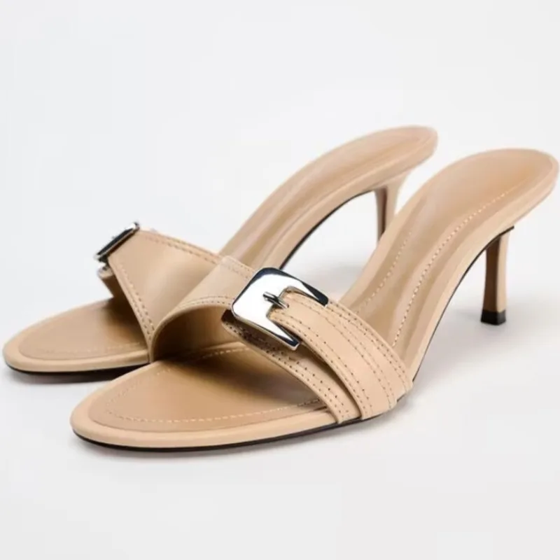 Chaussures d'été pour femmes, marque de mode, boucle, bout ouvert, talons Muller, sandales de tempérament, pantoufles d'extérieur, 2025