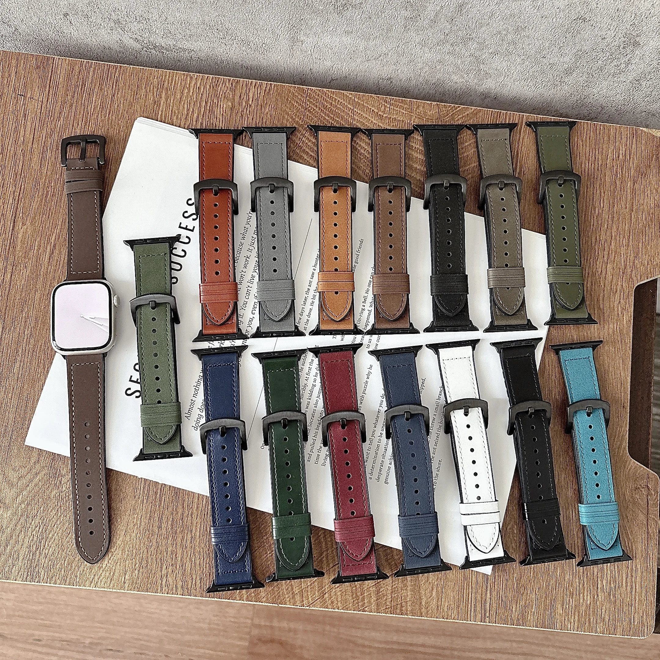 For Apple Huawei Watch Band Apple Watch 8 7 SE 6 5 4 Silicone Sticker Crazy Horse Leather Watch With Pin Buckle