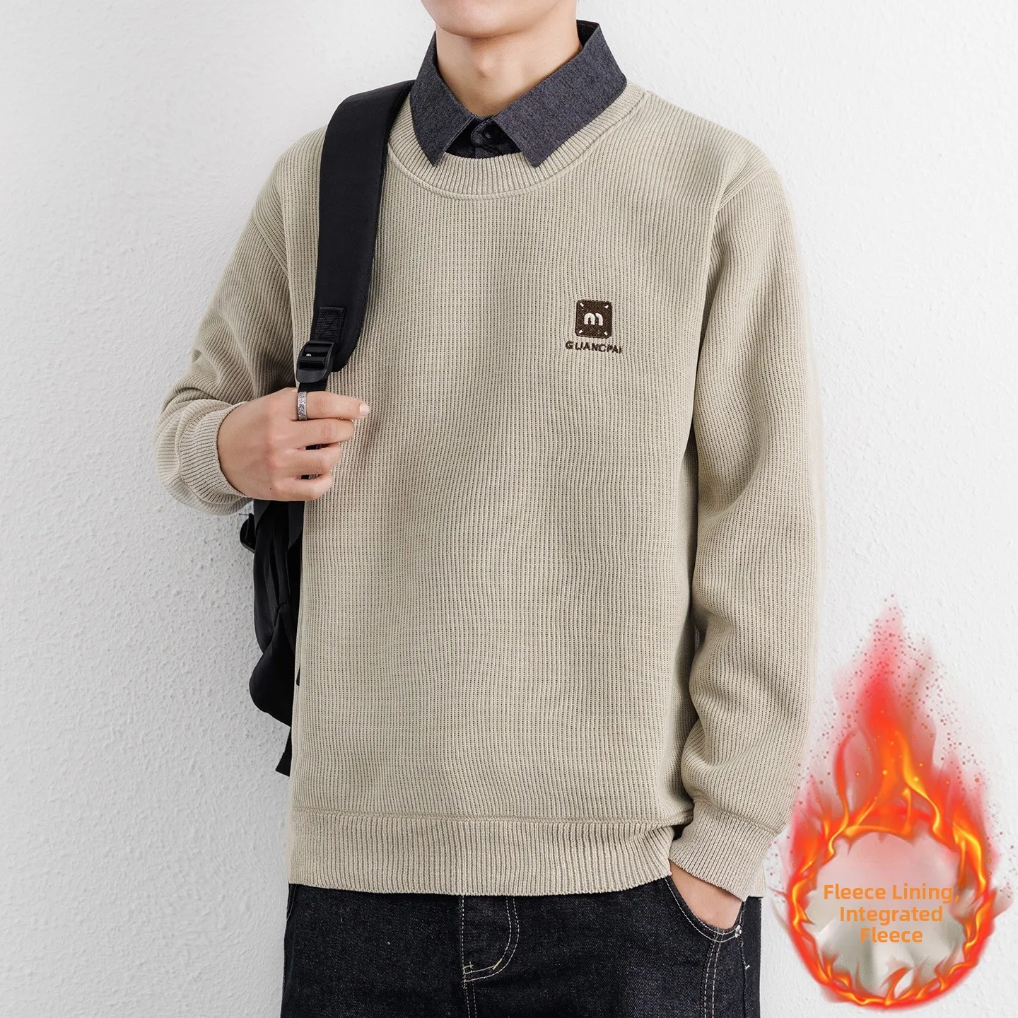 

Мужской утепленный свитер-имитация двойки с воротником-рубашкой, повседневный вязаный пуловер, теплый зимний, из полиэфирного волокна