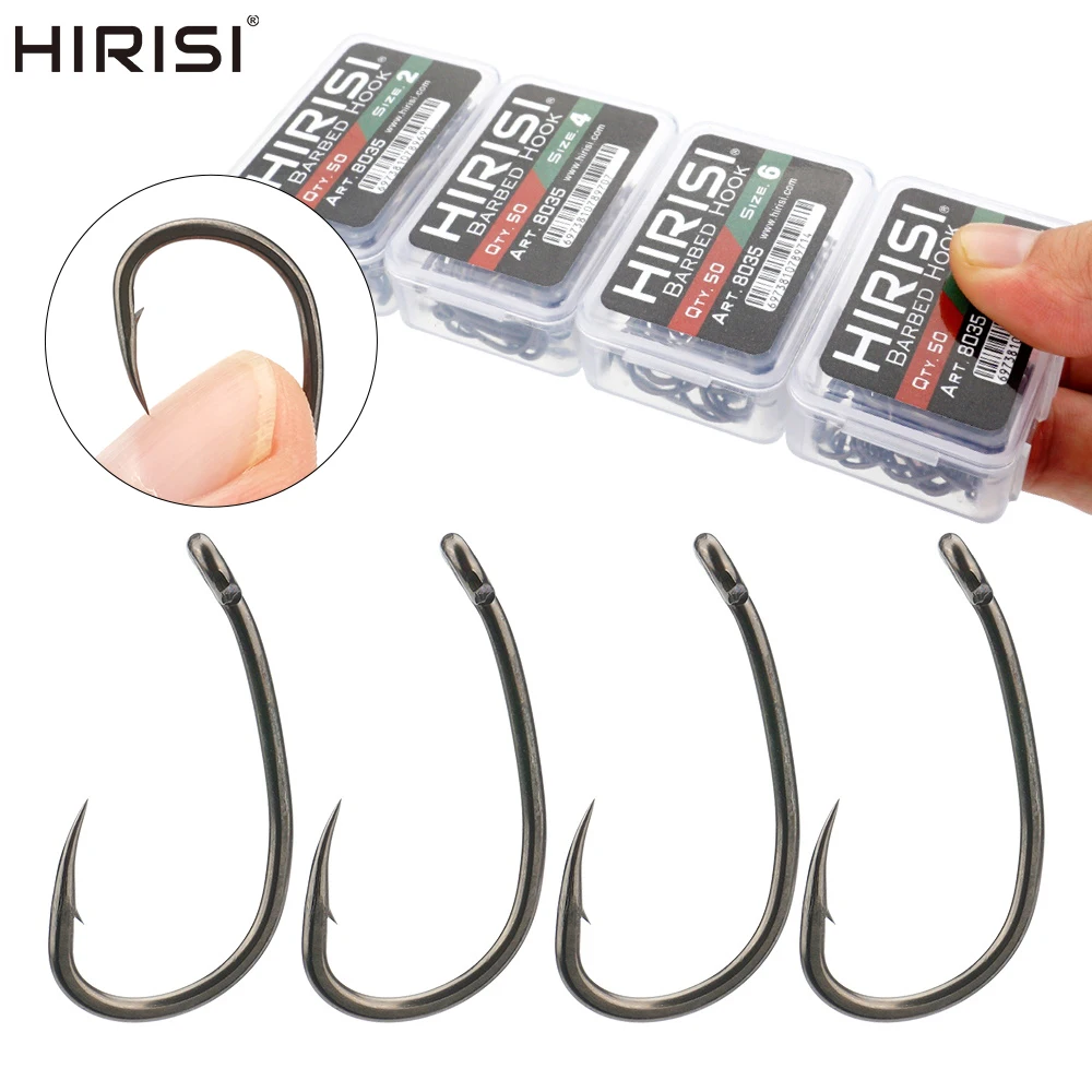 Hirisi 50/100 Stück PTFE-beschichtete Hochkarbon-Edelstahl-Mikro-Widerhaken-Angelhaken mit Öse und spleißbarer Box 8035 Angelzubehör