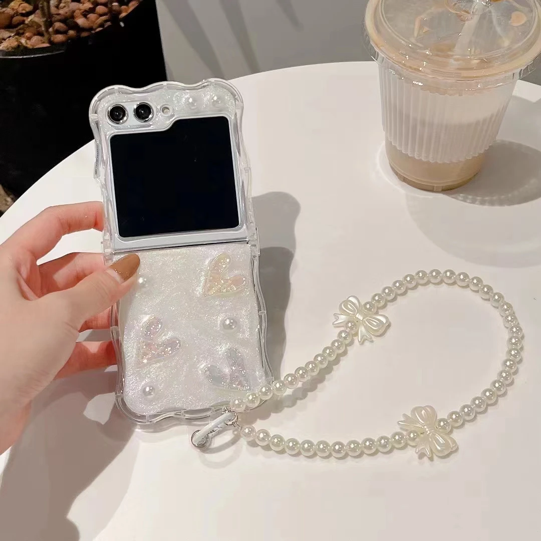 For Samsung Galaxy Z Flip 5 4 3 5G F7110 F7070 Unique Cute Heart Bow Crystal Pearl Chain Wrist Wave Phone Case Cover