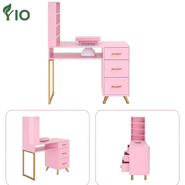 Pink Nail Table with Marble Top, Manicure Workstation with Dust Collector and Hand Rest, Waterproof MDF Salon Furniture Station