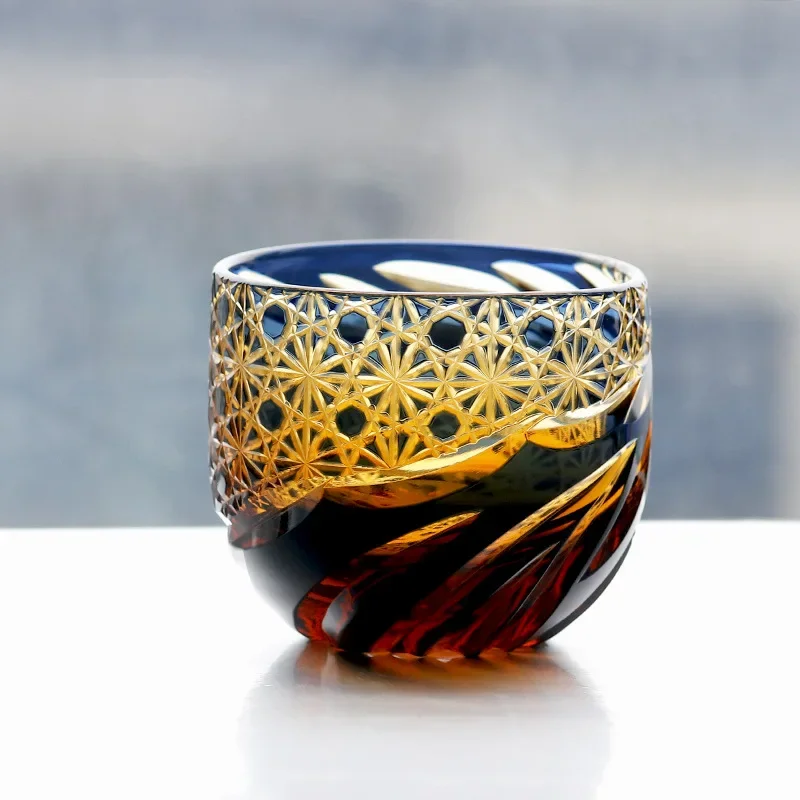 Japanese Edo Kiriko White Wine Sake Glass Hand Carved Hand Cut To Clear Liquor Tumbler